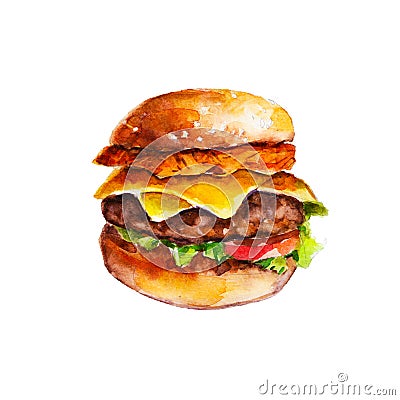 Hamburger with hash brown and vegetables, watercolor illustration Cartoon Illustration