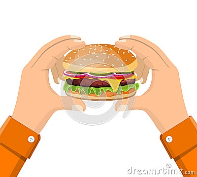 Hamburger holding in hand, Eating fast food concept. Vector Illustration