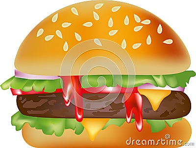 Hamburger illustration vector, burger food, cheeseburger with sauce, beef on bun, cheese sandwich, meat cooked, bread bun, isolate Vector Illustration