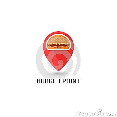 Hamburger logo pointer pin location sandwich fast food point. American burger tasty with traditional ingredients Vector Illustration