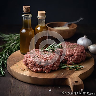 Hamburger meat grilling for burgers homemade cutlets in frying pan close up Cartoon Illustration