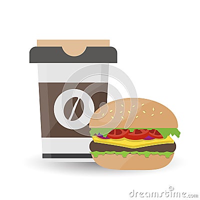 Hamburger with Meat and Iced Coffee on White Background Vector Illustration