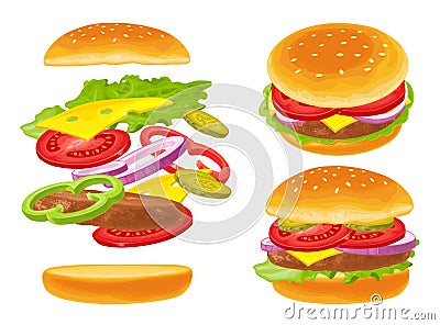 Hamburger with meat, lettuce, cheese, onion and tomato Vector Illustration