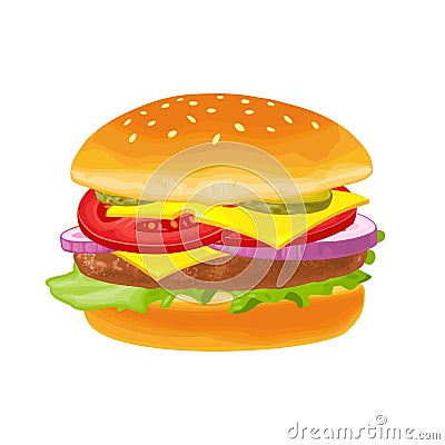 Hamburger with meat, lettuce, cheese, onion and tomato Vector Illustration