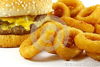 Hamburger and Onion Rings Fast Food Meal Stock Photo