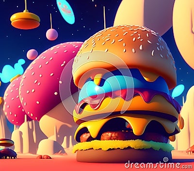 Hamburger Planet in Cookie Galaxy, Generative AI Illustration Stock Photo