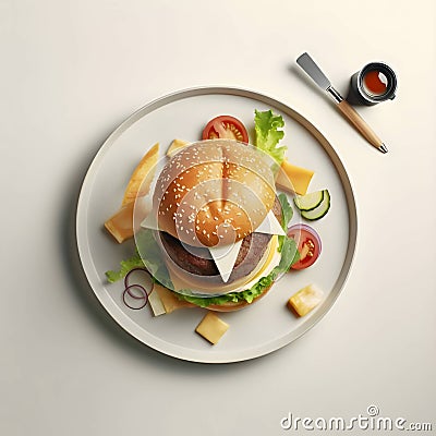 Hamburger on a plate, surrounded by ingredients, white background Vector Illustration
