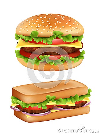 Hamburger and sandwich. Fast food realistic bread with ingredients salad tomato meal potato vector picture isolated Vector Illustration