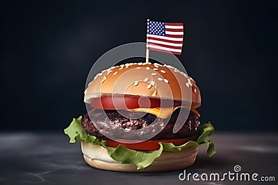 hamburger with small american flag on it, dark background, US patriotic proud theme, neural network generated image Stock Photo