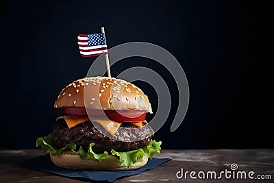 hamburger with small american flag on it, dark background, US patriotic proud theme, neural network generated image Stock Photo