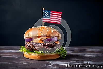 hamburger with small american flag on it, dark background, US patriotic proud theme, neural network generated image Stock Photo