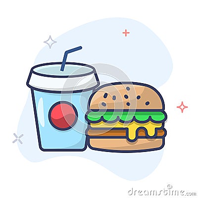 Hamburger and soda takeaway vector icon. Fast food line icon. Soda Drink Cup Outline Illustration. Vector Illustration