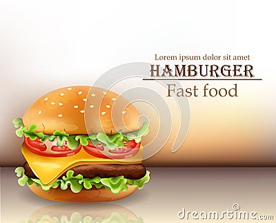 Hamburger Vector realistic. Cheese and tomatoes. 3d Detailed illustrations Vector Illustration