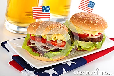 Hamburgers and beer. Stock Photo