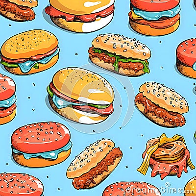 Hamburgers, burgers, hotdogs, fast food As abstract background, wallpaper, banner, texture design with pattern - vector. Blue Vector Illustration