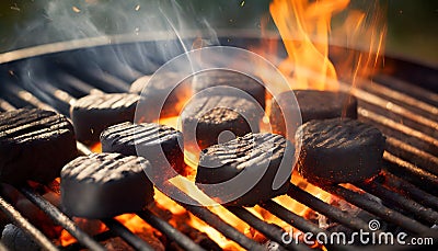 Juicy Hamburgers and Patties Sizzling on Grill. Generative AI Stock Photo