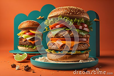 Hamburgers with ingredients on orange background. generative ai Stock Photo