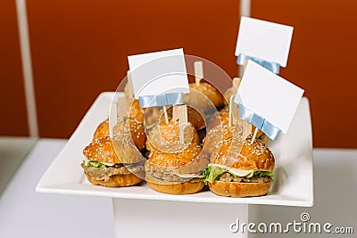 Hamburgers lie on a white plate, with beautiful signs for signatures. Stock Photo