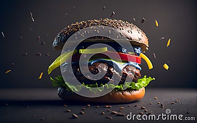 Hamburgers with Lots of Ingredients and Flying Pieces Stock Photo