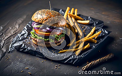 Hamburgers with Lots of Ingredients and French Fries Stock Photo