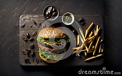 Hamburgers with Lots of Ingredients and French Fries Top View Stock Photo