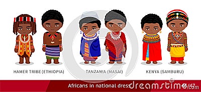 Hamer Tribe, Ethiopia, Tanzania, Masai, Kenya, Samburu. Men and women in national dress. Vector Illustration