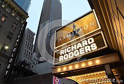 Hamilton sign at the Richard Rogers Theater in Manhattan Editorial Stock Photo