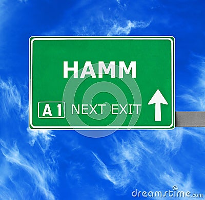 HAMM road sign against clear blue sky Stock Photo