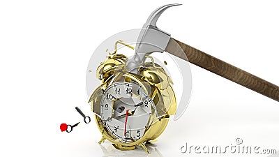 Hammer breaking golden alarm clock Stock Photo