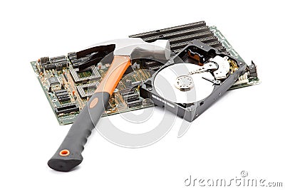 Hammer destroying computer Stock Photo