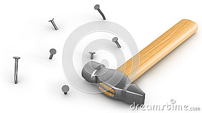 Hammer with few hammered and bended nails Stock Photo