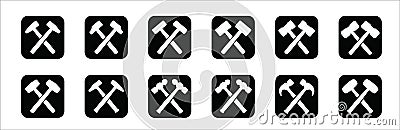 Hammer icon set. Crossed hammers vector icons set. Square simple flat design. Symbol or sign for smith, blacksmith, metalwork, Stock Photo