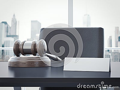 Hammer of the judge and an empty nameplate. 3d rendering Stock Photo