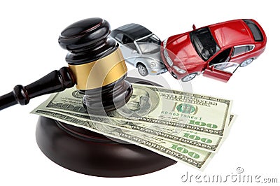 Hammer of judge with money and toy cars isolated on white Stock Photo