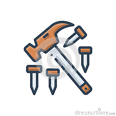 Color illustration icon for Hammer and nail, hardware and tool Cartoon Illustration