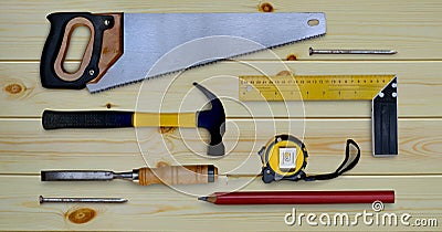 Hammer saw tape measure try square pencil and chisel collection of woodworking handtools Stock Photo
