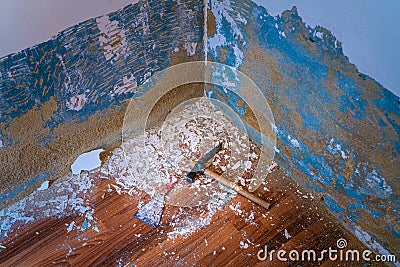 Hammer and scraper tools removing paint Stock Photo