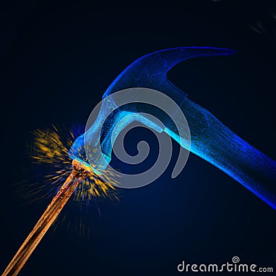 Hammer striking nail w/sparks Stock Photo