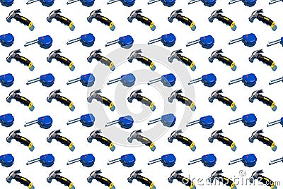 Hammer and tape measure, pattern on white background. Construction tools, repairs. Background for the design Stock Photo