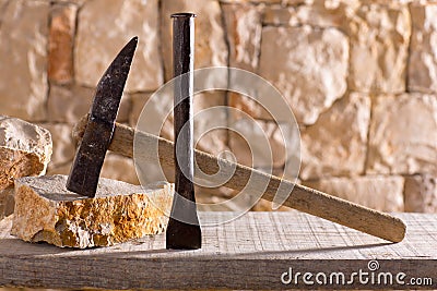 Hammer tools of stonecutter masonry work Stock Photo