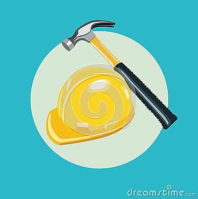 Hammer and worker hat flat icon Vector Illustration