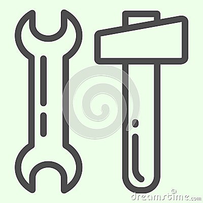 Hammer and wrench line icon. Two building tools spanner and knocker outline style pictogram on white background. House Vector Illustration