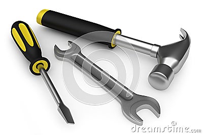 Hammer, wrench and screwdriver Stock Photo