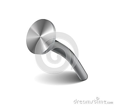 Hammered nail on surface. Iron, steel or silver pin head. Bent metal spike or hobnail with cap in cartoon style. Vector Vector Illustration