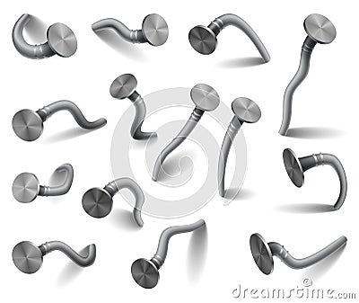 Hammered nails set on surface. Iron, steel or silver pin heads. Bent metal spikes or hobnails with caps in cartoon style Vector Illustration