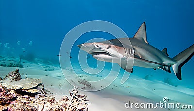 A hammerhead shark patrolling a coral reef Stock Photo