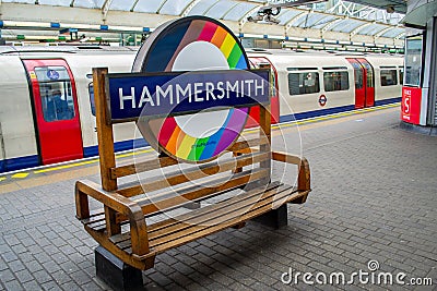 HAMMERSMITH, LONDON, ENGLAND- 10 April 2021: Pride roundel at Hammersmith Underground Station Editorial Stock Photo