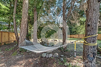 A hammock and a backyard tree real estate forest police guy luxury escape vacation vibes Stock Photo