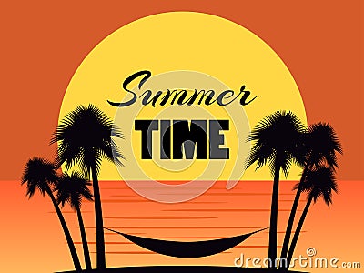 Hammock between palm trees on a sunset background. Summer time, beach vacation, miami. Vector Vector Illustration