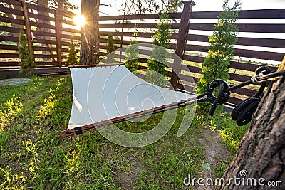 Hammock suspended between two pines in summer garden of country house at sunset Stock Photo